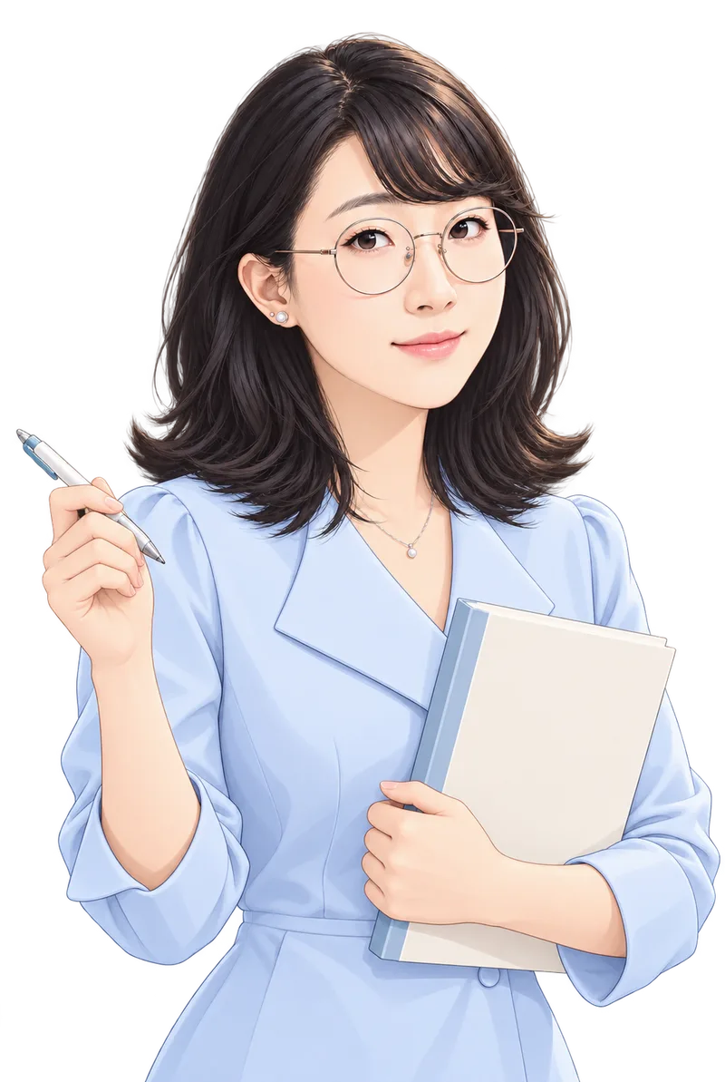 안경을 쓰고 노트와 펜을 든 친근한 빛나쌤 과외선생님 일러스트